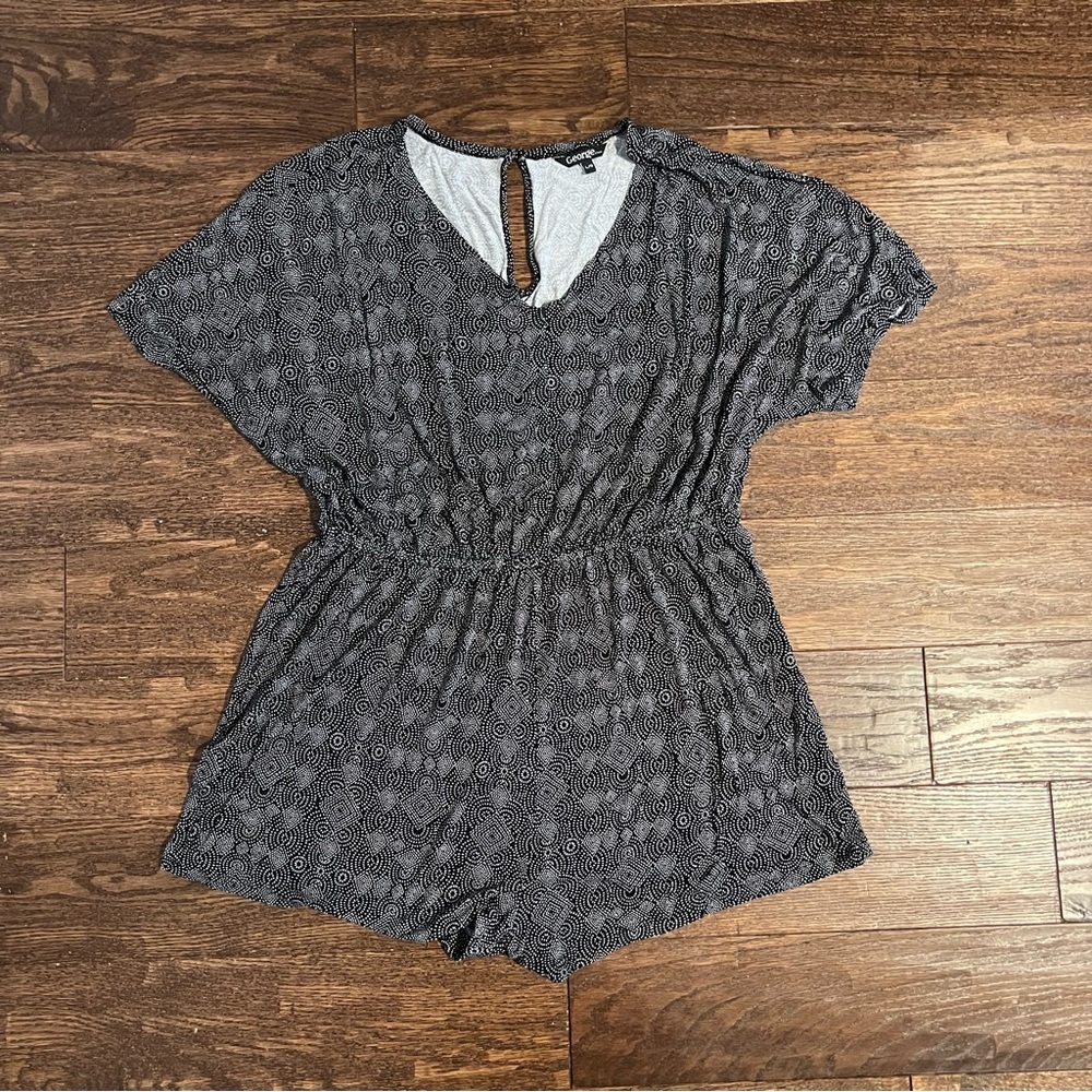 George Black and White Dot-Pattern V-Neck Romper